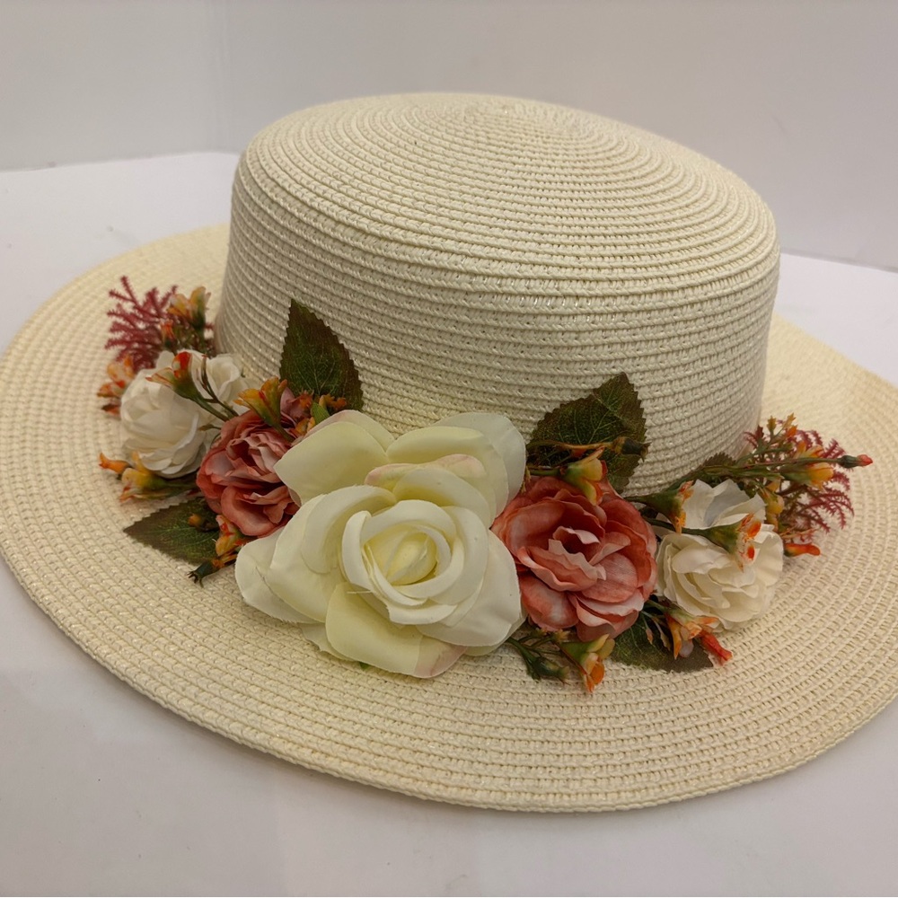 Kentucky Derby/Weddings/Church Floral Cream Straw Hat